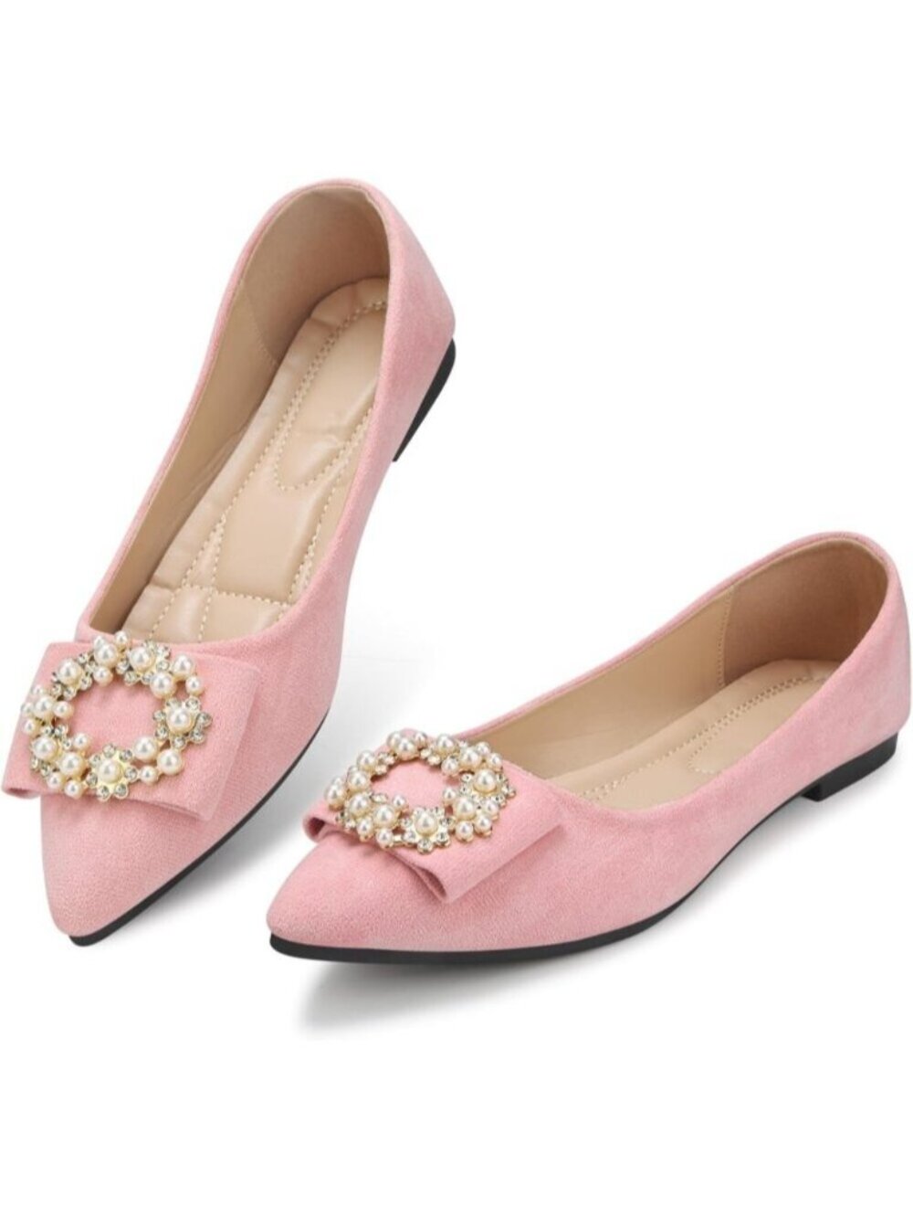 Women's Light Pink Pointed Toe Pearl Flats Faux Suede Comfort Dress for Shoes